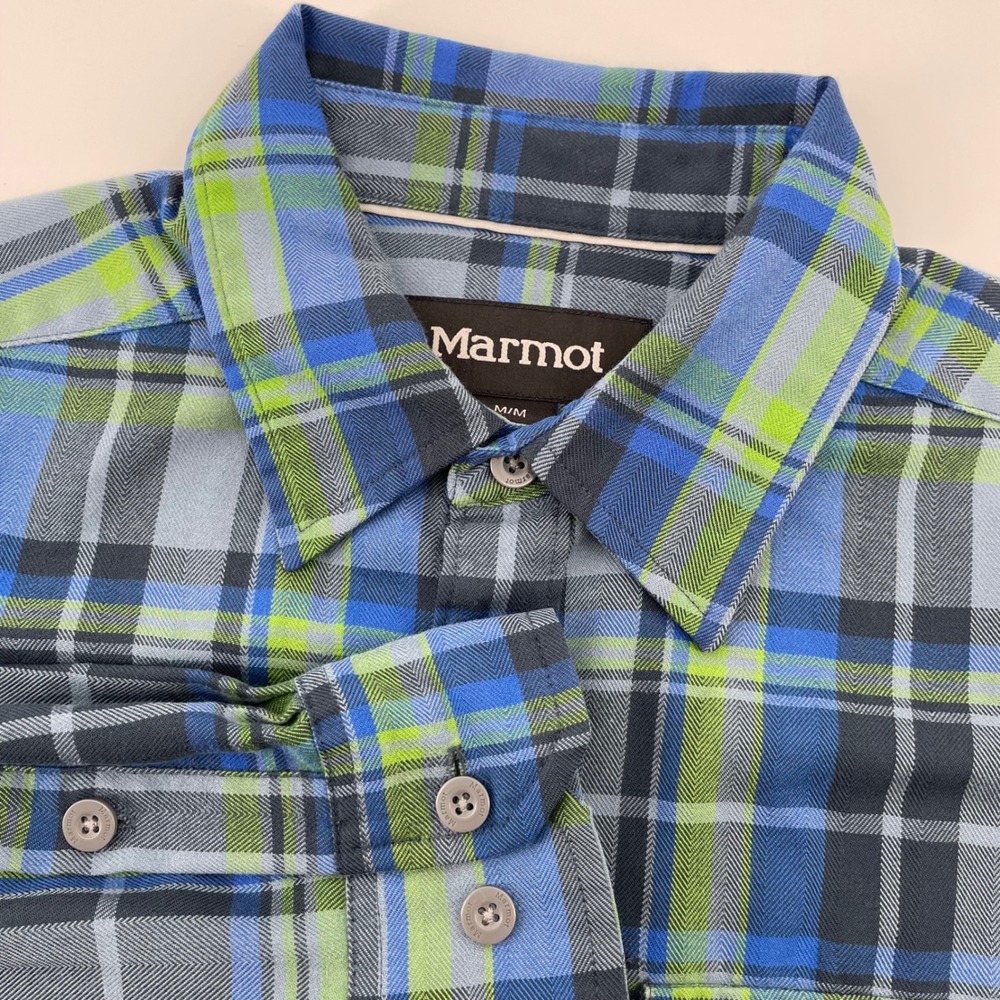 Marmot Men's Blue Green Plaid Herringbone Long Sleeve Button Front Shirt Medium